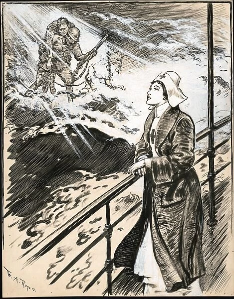 ROGERS: RED CROSS NURSE. A Red Cross nurse standing at the railing of a ship, having