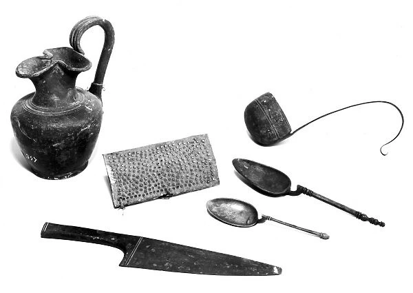 Roman kitchen utensils, 1st century A. D. found in the ruins of Pompeii