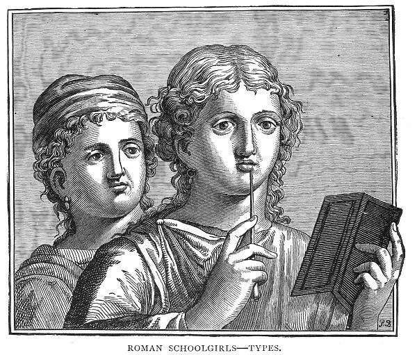 ROMAN SCHOOLGIRLS. Wood engraving after a drawing by P. Beckert, late 19th century