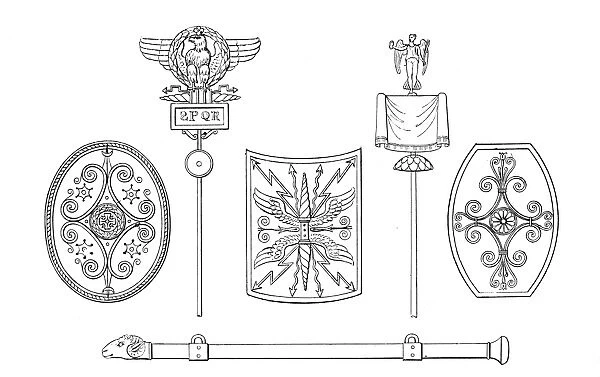 ROMAN STANDARDS. Roman standards, shields and battering ram. Line engraving