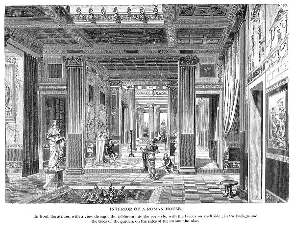ROMAN VILLA. Interior of a Roman house: line engraving, late 19th century