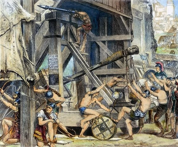 ROMAN WARFARE. The catapult. 19th century wood engraving after a painting by Edward A. Poynter