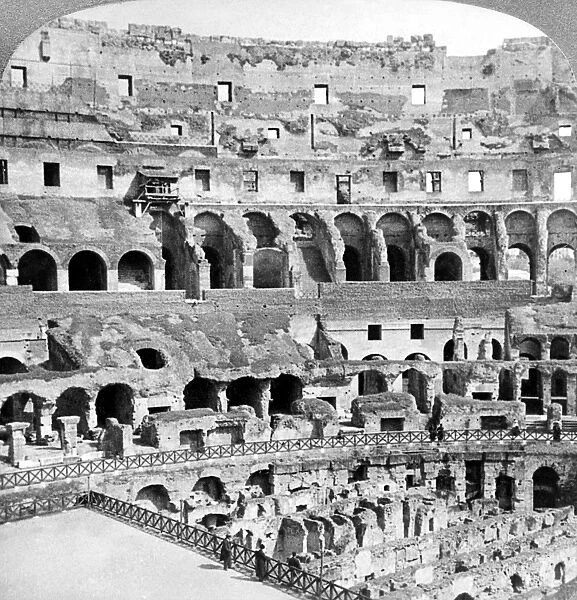 ROME: COLOSSEUM, c1904. Interior view of the ruins of the Colosseum in Rome, Italy, showing arcades and the dens benath the arena. Stereograph, c1904