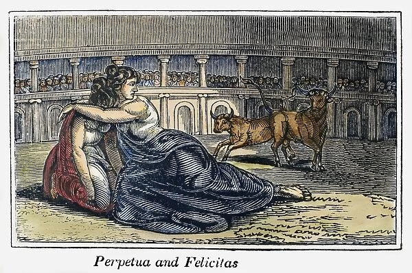ROME: PERPETUA & FELICITAS. Martyrdom of Saints Perpetua and Felicitas at the Roman Colosseum, c203. Wood engraving from an 1832 American edition of John Foxes Book of Martyrs