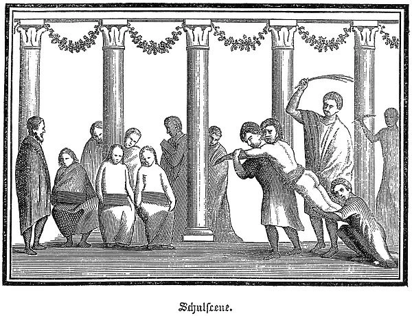 ROME: SCHOOL PUNISHMENT. A beating administered in a school in ancient Rome. Line engraving after a relief