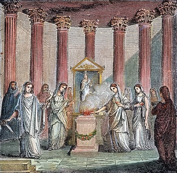 ROME: VESTAL VIRGINS. The Vestal Virgins making an offering in a Roman temple. Wood engraving