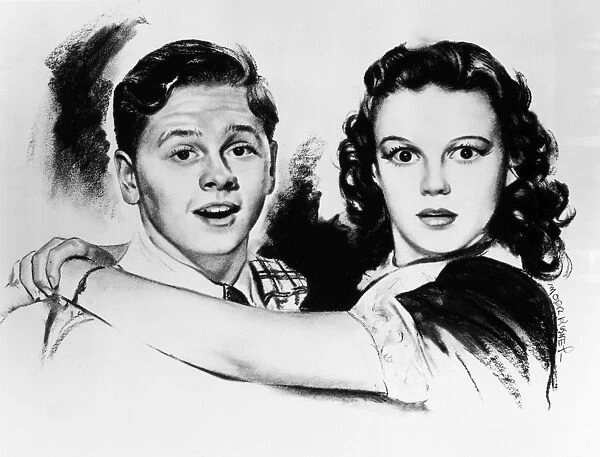 ROONEY AND GARLAND, 1938. American actor Mickey Rooney (1920- ) and American singer and actress Judy Garland (1922-1969). Drawing by Morr Kusnet after a photograph taken during the filming of Love Finds Andy Hardy, 1938