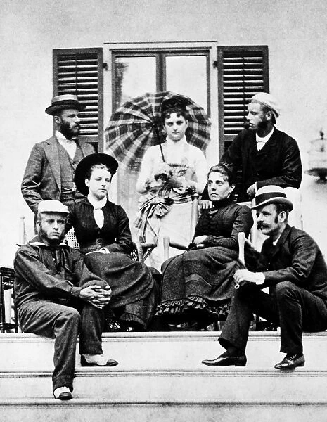 ROOSEVELT FAMILY, 1878. The young Theodore Roosevelt with his siblings and friends. Top row, from left: John, Nannie, and brother Elliott (father of Eleanor Roosevelt). Second row: sisters Corinne and Anna. Bottom: Theodore and Isaac Iselin