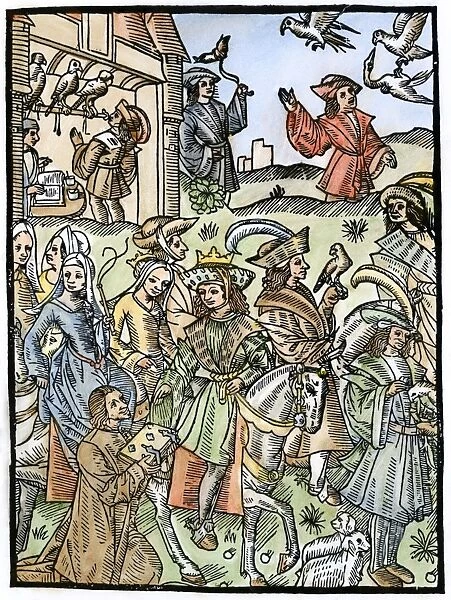 ROYAL HAWKING PARTY. Woodcut from L Art de Faulconnerie, published at Paris, 1492-93
