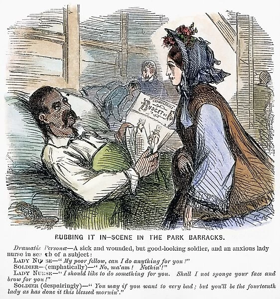 Rubbing It In: an 1862 cartoon mocking the overzealousness of volunteers in Civil War hospitals