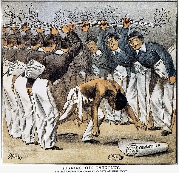 Running the Gauntlet American cartoon, 1880, by J. A. Wales attacking the hazing of a black West Point cadet by his white classmates