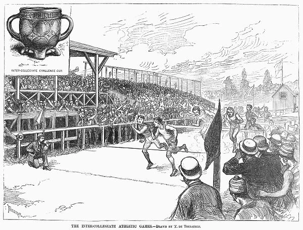Running the hurdles at the American inter-collegiate athletic games, 1881. Contemporary wood engraving after Thure de Thulstrup