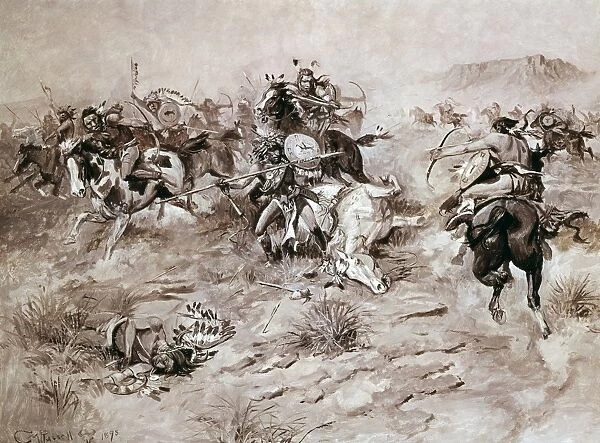 RUSSELL: WARRIORS, 1898. The Making of a Warrior. Oil en grisaille on board, 1898, by Charles M