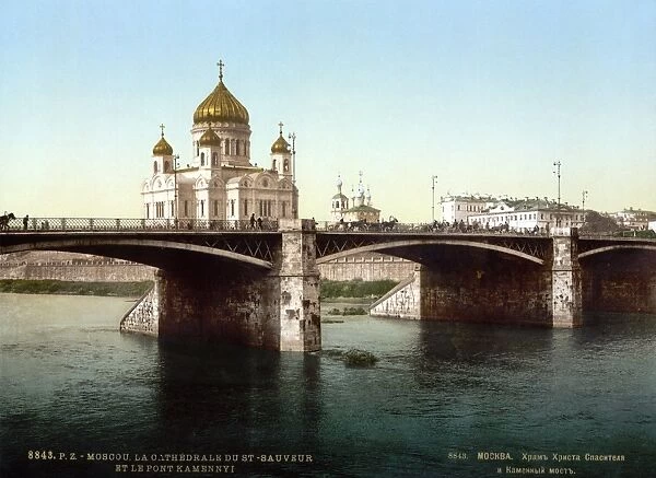 RUSSIA: MOSCOW, c1895. The Cathedral of Christ the Savior and the Bolshoy Kamenny Bridge, Moscow. Photochrome, c1895