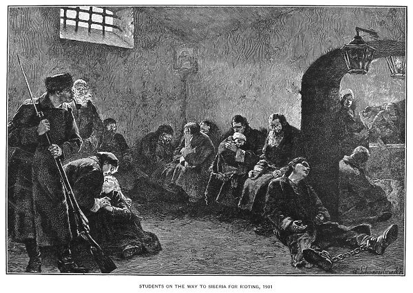 RUSSIA: POLITICAL PRISONERS. Students on the way to Siberia for rioting, 1901. Line engraving