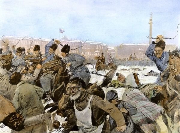 RUSSIA: REVOLUTION OF 1905. Cossacks riding down unarmed factory workers who had