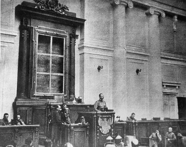 RUSSIA: REVOLUTION OF 1917. The first session of the Duma of the Provisional Government, March 1917. The empty frame behind the speakers platform formerly held the Czars portrait