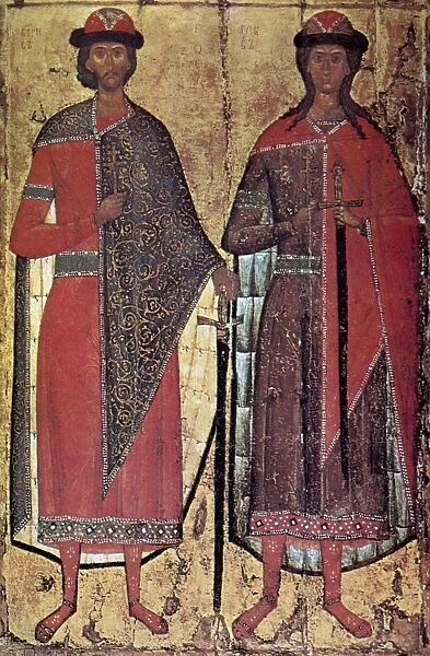 RUSSIA: SAINTS ICON. Kievan Rus saints Boris and Gleb, sons of Vladimir I (956-1015). Contemporary Russian icon