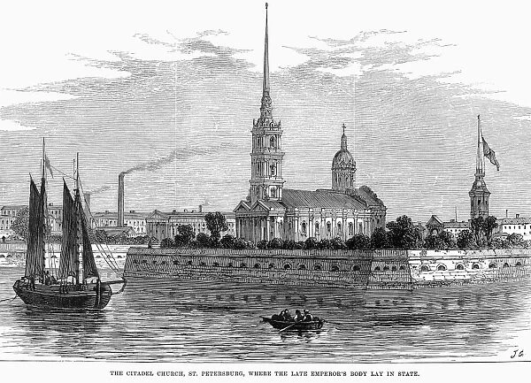RUSSIA: ST. PETERSBURG, 1866. Peter and Paul Cathedral in St. Petersburg. Wood engraving
