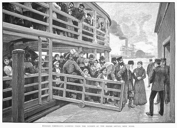 RUSSIAN IMMIGRANTS, 1892. Immigrants arriving by tender for processing at the Barge Office, located at the foot of Whitehall Street, New York. Wood engraving from an English newspaper of March 1892