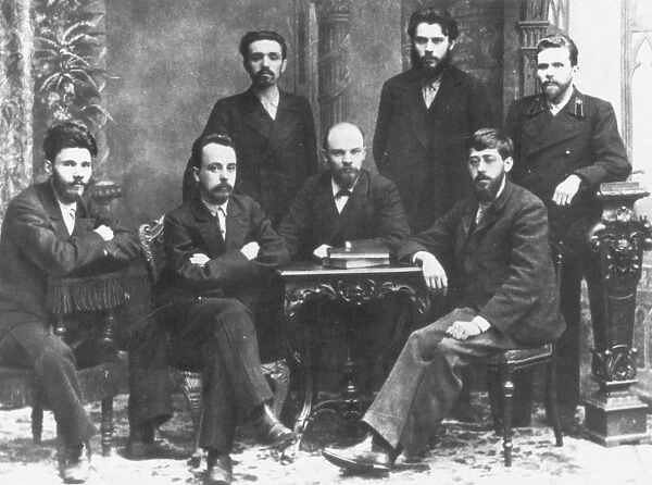 RUSSIAN MARXISTS, 1897. Future Bolshevik leader Vladimir Lenin (center), future Menshevik leader L. Martov (real name Yuly Osipovich Tsederbaum, seated at right), and other young Russian Marxists photographed at St. Petersburg, c1895
