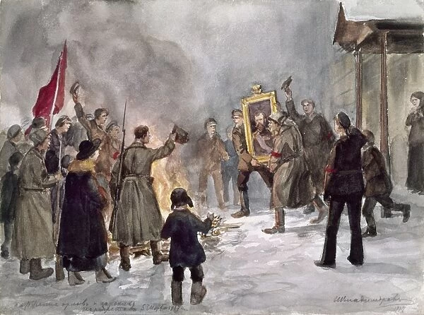 RUSSIAN REVOLUTION, 1917. An angry crowd carrying a portrait of Czar Nicholas II to a bonfire in Petrograd during the February Revolution (March 1917). Watercolor, 1917