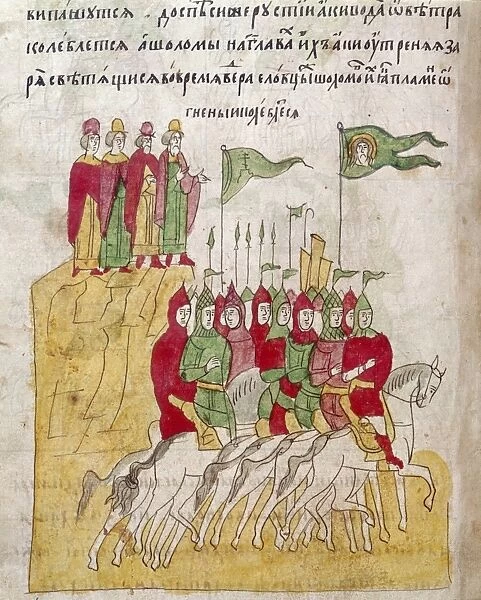 RUSSIAN TROOPS, 1380. Prince Dmitry Donskoy and his cousin, Vladimir the Bold, reviewing troops before the Battle of Kulikovo against the Tatars, 1380. Illumination from a 14th century version of the Russian epic, Zadonschina