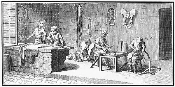 SADDLER, 18th CENTURY. Interior of a saddler shop. Line engraving, French, 18th century