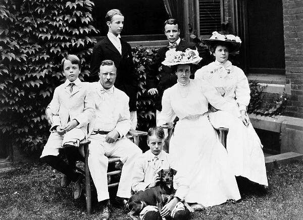 at Sagamore Hill, Oyster Bay, New York, in 1907. Left to right: Quentin, T. R. Theodore Jr. Archie, Kermit, Mrs. Roosevelt and Ethel