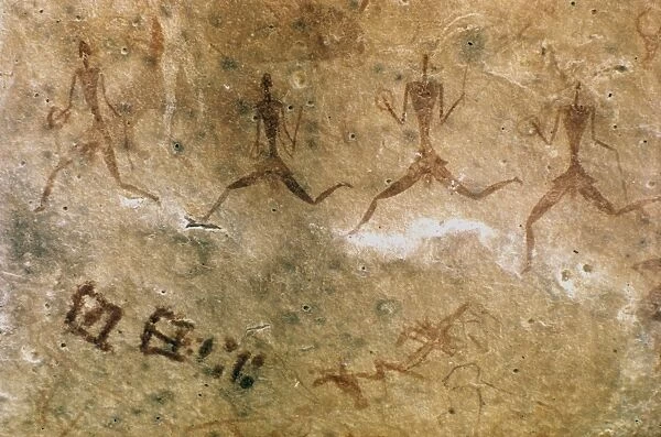 SAHARAN ROCK PAINTING. Prehistoric rock painting of bi-triangluar human figures