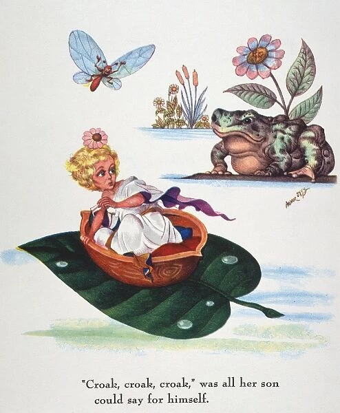 Sailing down the stream on a leaf. Drawing by Arthur Szyk for the fairy tale Thumbelina, by Hans Christian Andersen