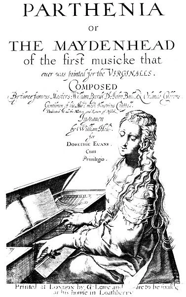 SAINT CECILIA, d. 230. Christian martyr and patron saint of music. Engraved title-page of Parthenia, London, England, c1611