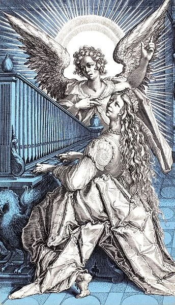 SAINT CECILIA (d. 230). Christian martyr and patron saint of music. Detail from an engraving by Zacharias Dolendo after Jacob de Gheyn II. Netherlandish, 1565-1619