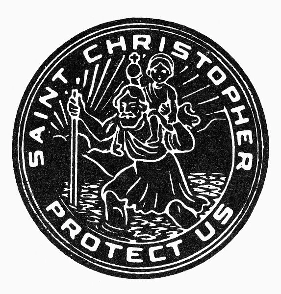 SAINT CHRISTOPHER MEDAL. Medal of Saint Christopher, the patron saint of safe travel. Line engraving