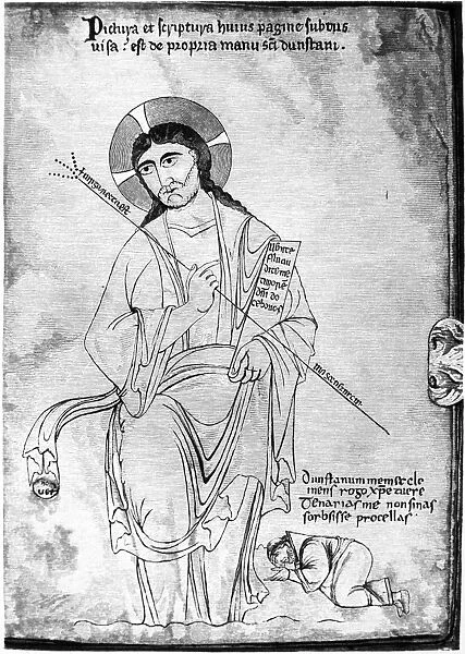 SAINT DUNSTAN (924-988). English prelate. Saint Dunstan at the feet of Christ. Line engraving after a contemporary manuscript drawing by Saint Dunstan