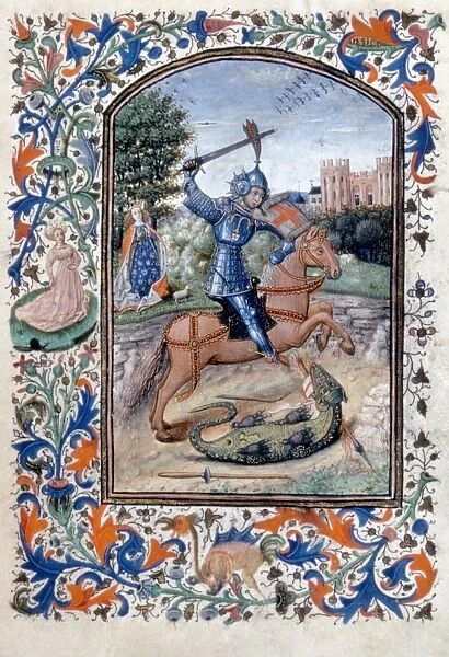 SAINT GEORGE & THE DRAGON. Illumination from a Flemish Book of Hours, c1445