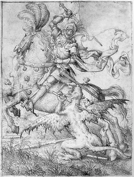 SAINT GEORGE & THE DRAGON. Saint George slaying the Dragon. Drawing by the Master of Absalom