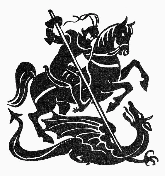 SAINT GEORGE AND THE DRAGON. Symbol of courage. Woodcut