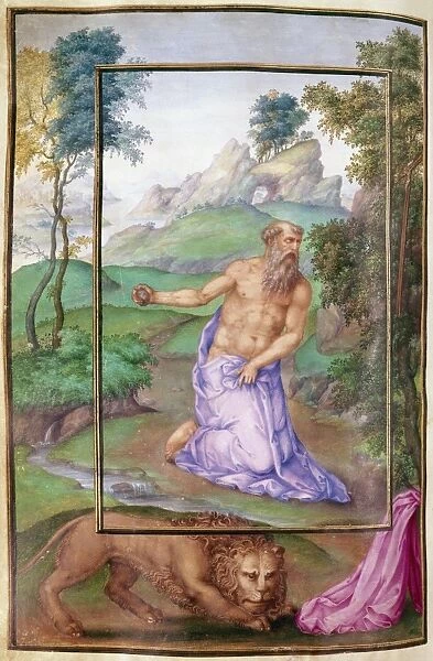 SAINT JEROME (340-420). Church scholar and translator. Illumination from the Breviary of Philip II of Spain, by the monks Julian de la Fuente el Saz and Andres de Leon, 16th century