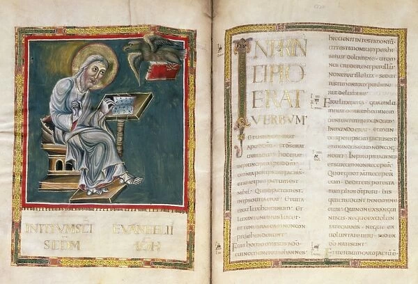 SAINT JOHN. Illumination and text from the Quedlinburg gospels, German, 9th century