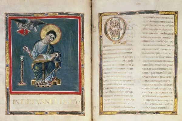 SAINT LUKE. Illumination and text from the Quedlinburg gospels, German, 9th century