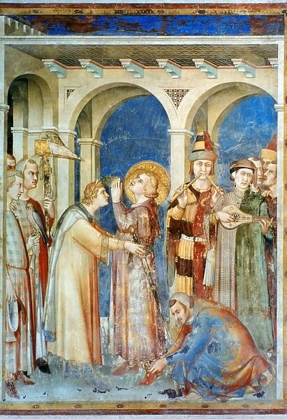SAINT MARTIN. Simone Martini: Saint Martin being equipped as a knight. Fresco, c1326-28