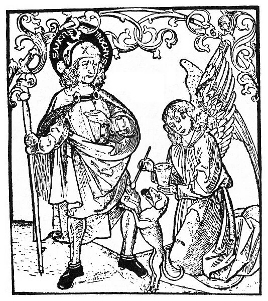 Saint Roch, patron saint of plague victims, is miraculously healed after he, who had nursed many suffering from the plague, was himself struck with the illness. German woodcut, c1480