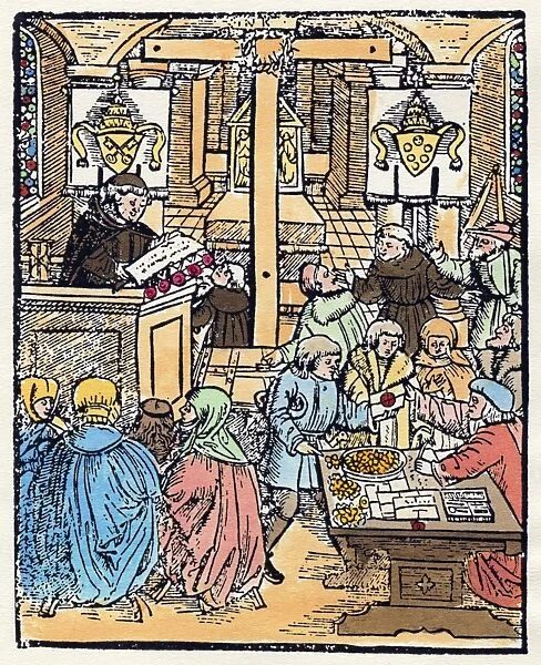 SALE OF INDULGENCES in a church, 1525. Colored woodcut from a pamphlet by Martin Luther