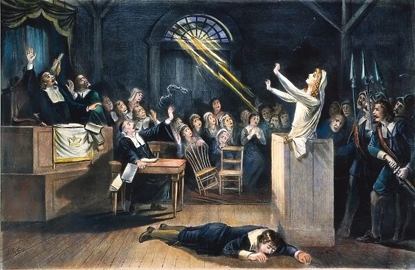 SALEM WITCH TRIAL, 1692. A witch trial at Salem, Massachusetts, in 1692: lithograph, 19th century