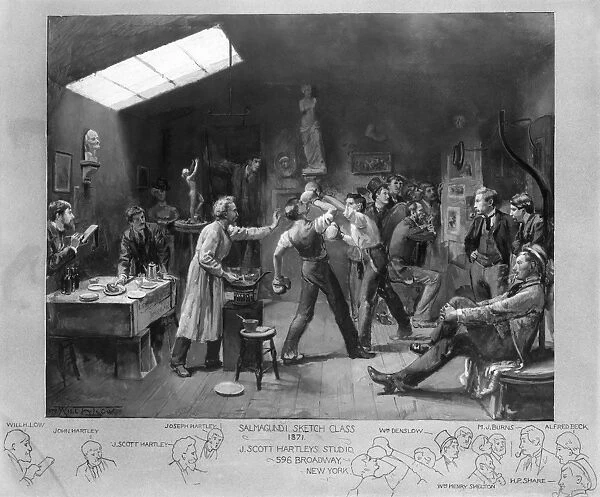 SALMAGUNDI CLUB, 1879. A boxing match during a sketch session at J