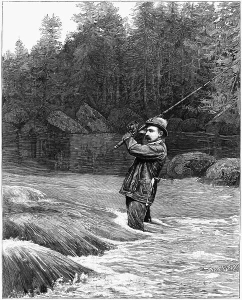 SALMON FISHING, 1885. Salmon fishing in Canada. Engraving from a drawing by Dan Beard