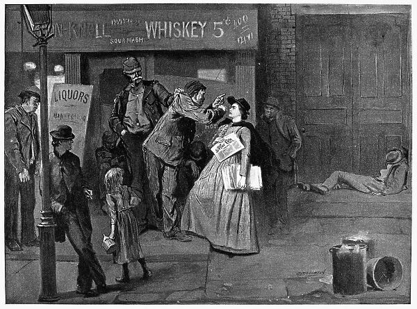 A Salvation Army lassie at work in a New York slum. Drawing by Charles H. Broughton, 1894