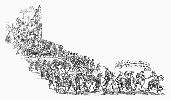 SALZBURG EMIGRANTS, 1732. Lutherans from Salzburg, Austria, emigrating to the North American colonies in 1732, after being expelled by the Catholic archbishop. Line engraving, 19th century