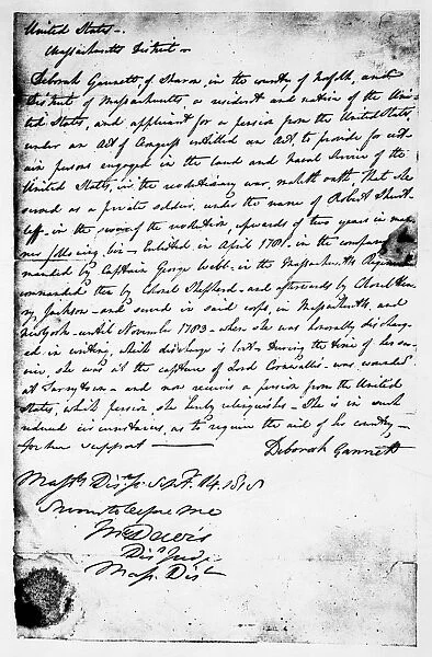 SAMPSON PENSION, 1818. Deposition of Deborah Sampson Gannett, a soldier in the